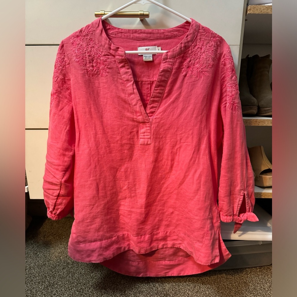 Vineyard Vines women’s small tunic shirt coral linen with embroidery